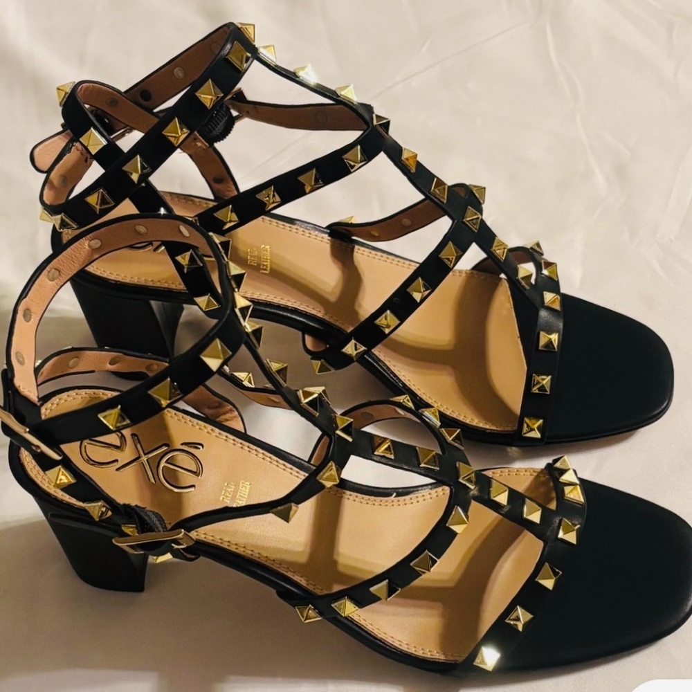 EXE Carol-54 Leather Sandals Black/Gold Tone Studded Accent Size 41